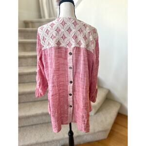 John Mark Red & Cream Lace Button Back Linen Blend Blouse